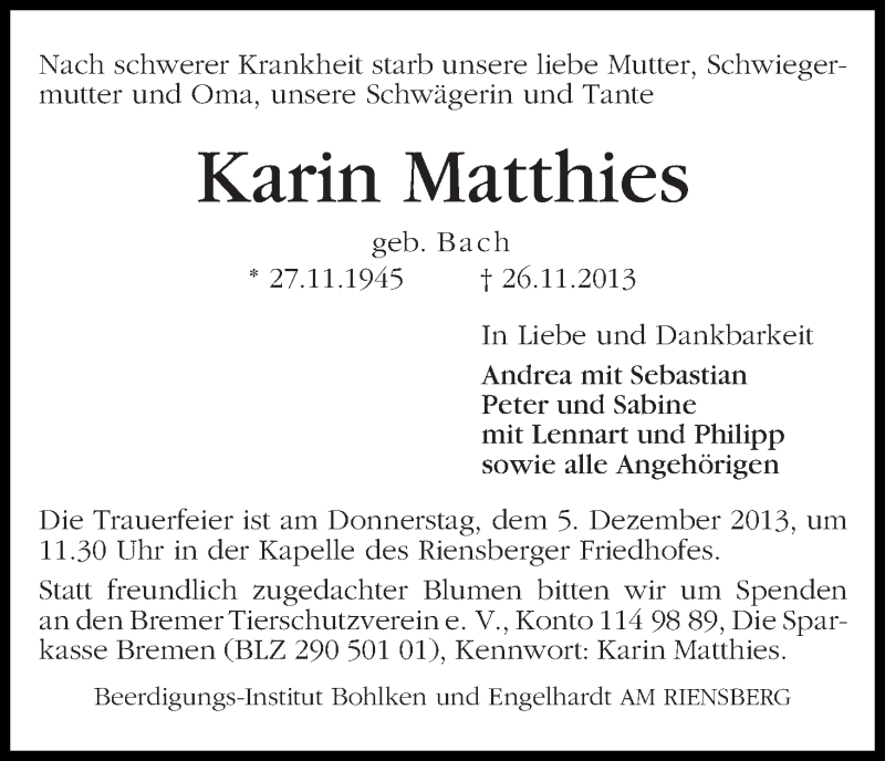 Traueranzeige von Karin Matthies von WESER-KURIER