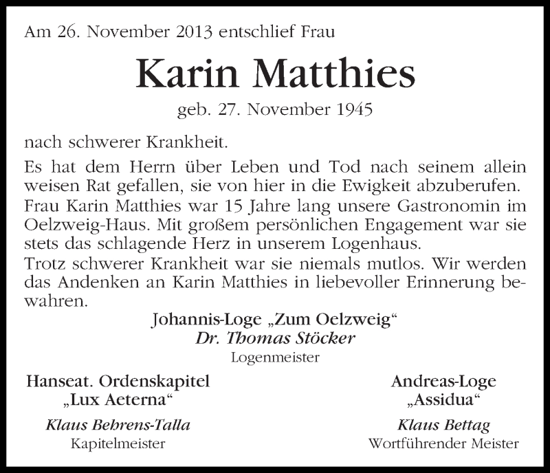 Traueranzeige von Karin Matthies von WESER-KURIER