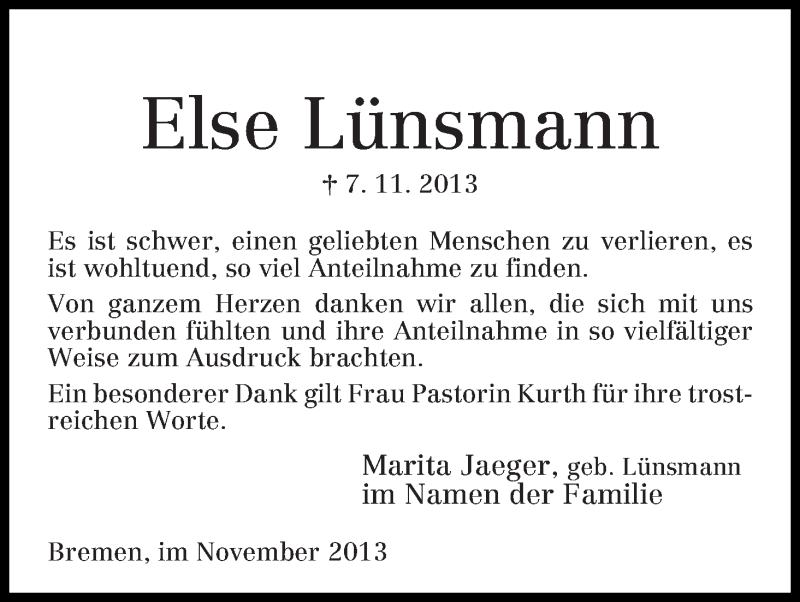 Traueranzeige von Else Lünsmann von WESER-KURIER