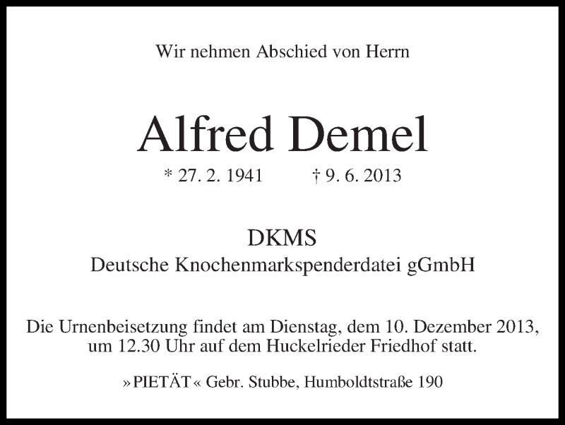 Traueranzeige von Alfred Demel von WESER-KURIER