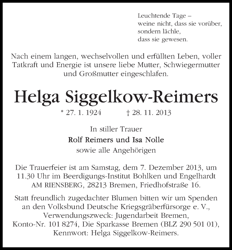 Traueranzeige von Helga Siggelkow-Reimers von WESER-KURIER