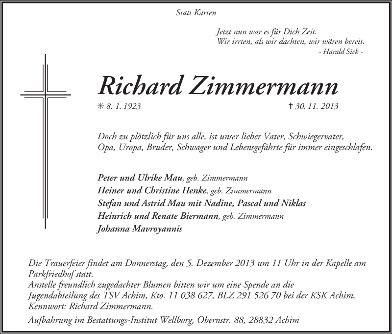 Traueranzeige von Richard Zimmermann von WESER-KURIER
