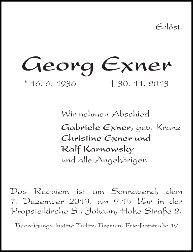 Traueranzeige von Georg Exner von WESER-KURIER