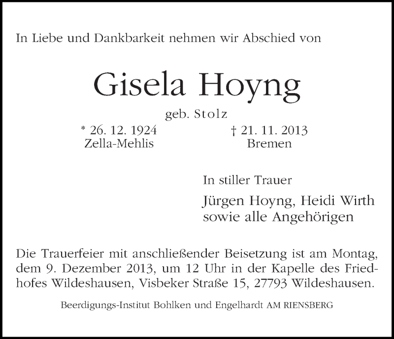 Traueranzeige von Gisela Hoyng von WESER-KURIER