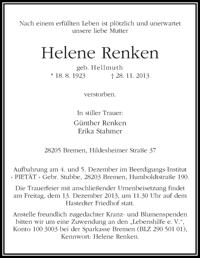 Traueranzeige von Helene Renken von WESER-KURIER