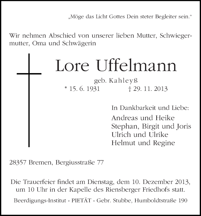 Traueranzeige von Lore Uffelmann von WESER-KURIER
