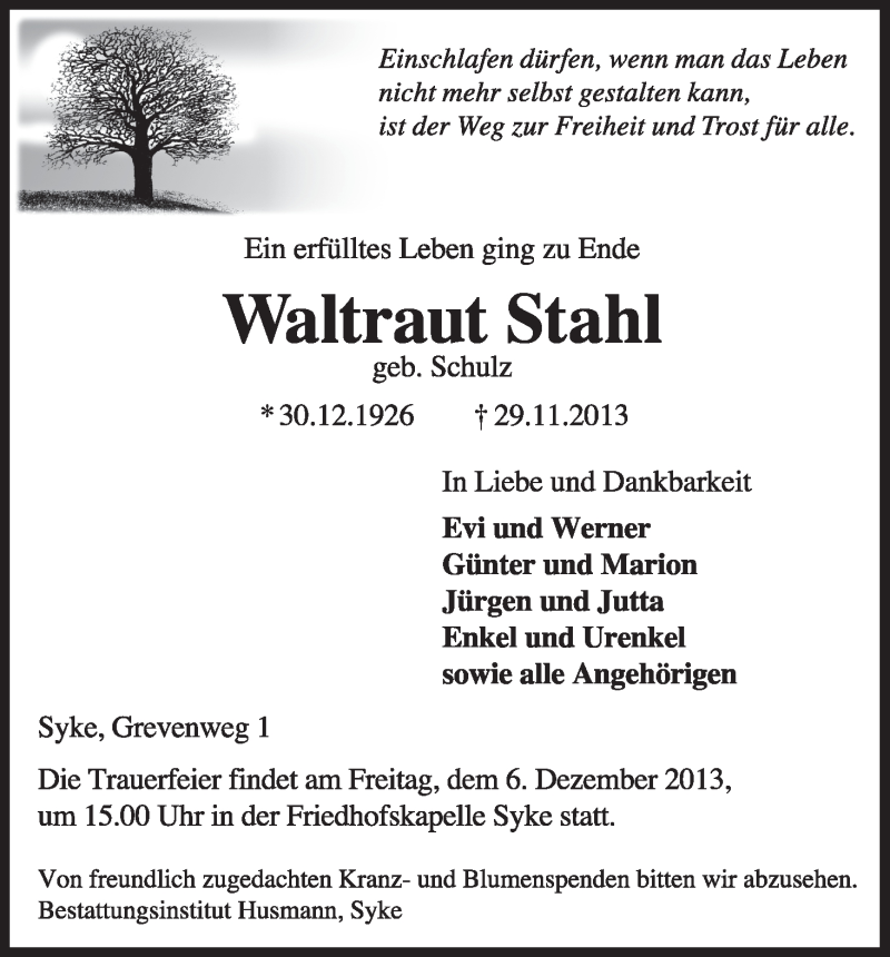Traueranzeige von Waltraut Stahl von WESER-KURIER
