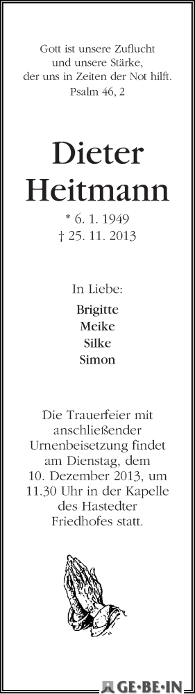 Traueranzeige von Dieter Heitmann von WESER-KURIER