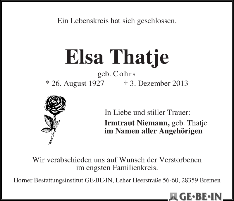 Traueranzeige von Elsa Thatje von WESER-KURIER