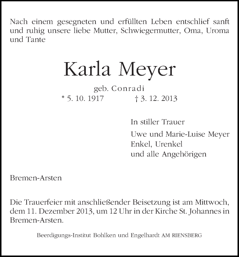 Traueranzeige von Karla Meyer von WESER-KURIER