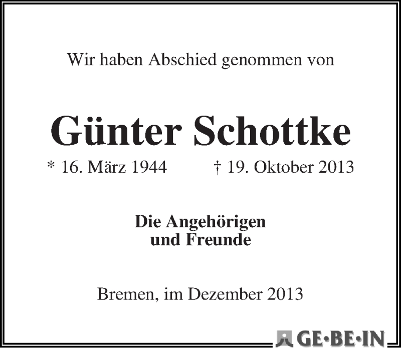 Traueranzeige von Günter Schottke von WESER-KURIER