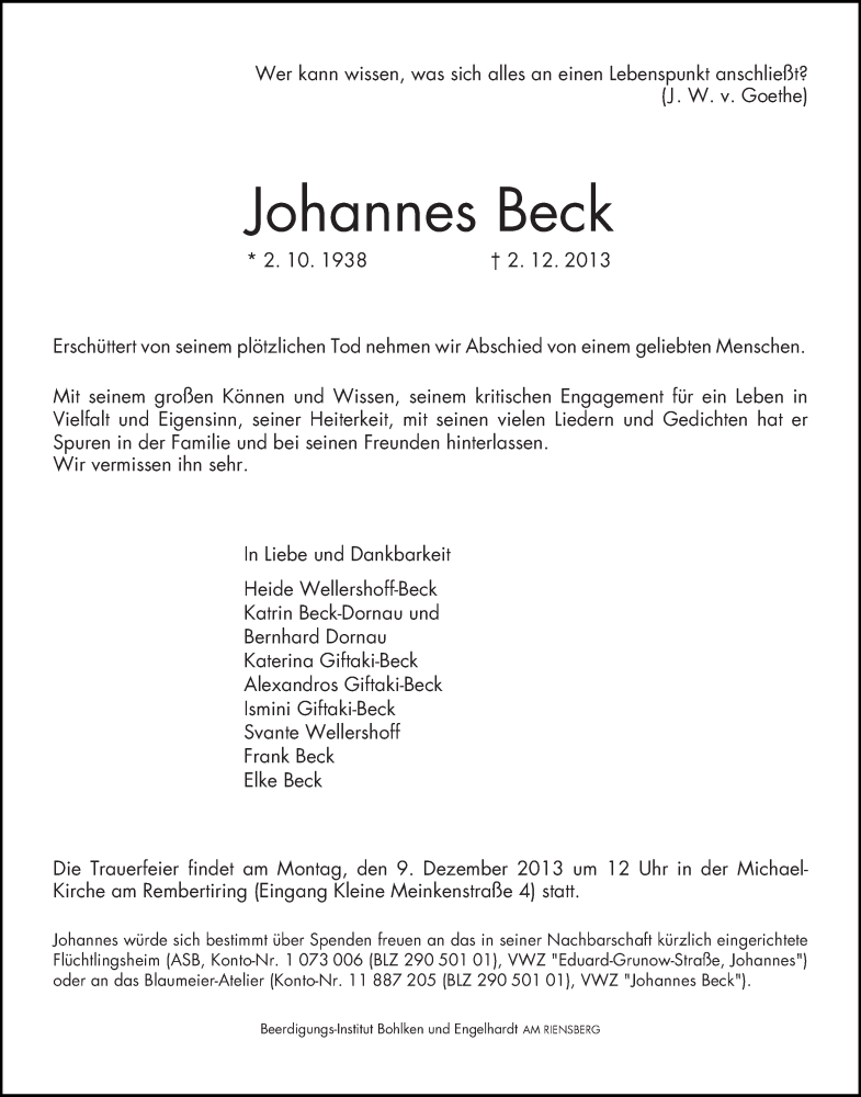 Traueranzeige von Johannes Beck von WESER-KURIER