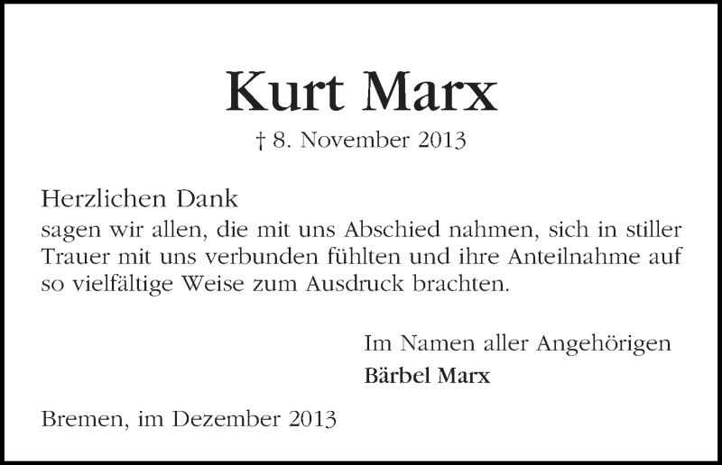 Traueranzeige von Kurt Marx von WESER-KURIER