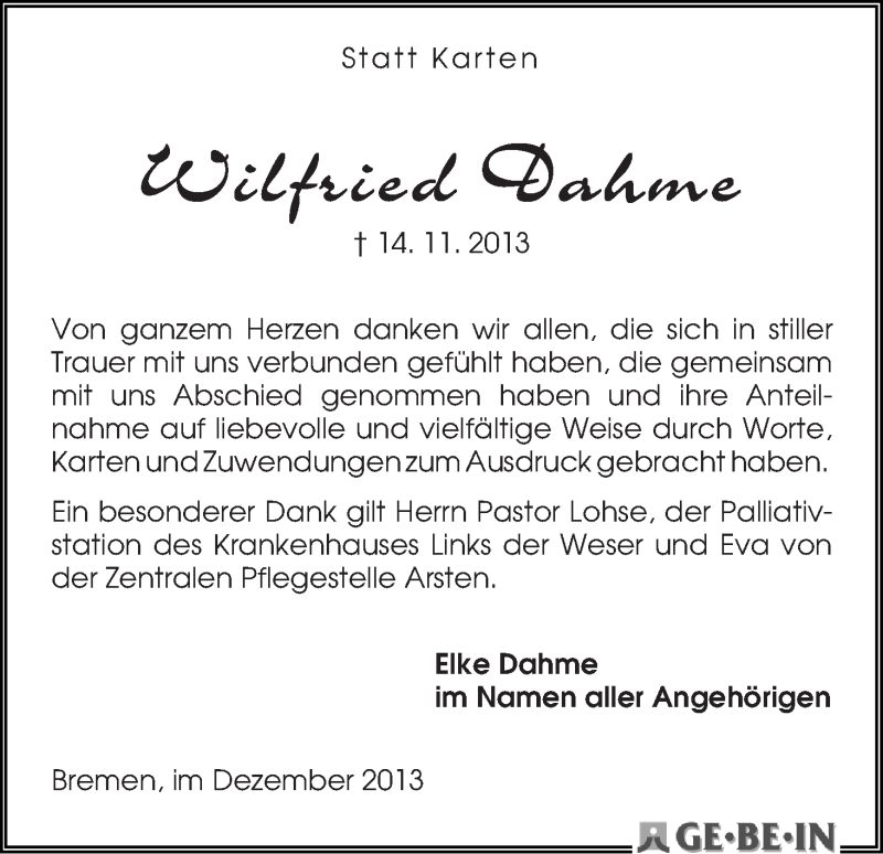 Traueranzeige von Wilfried Dahme von WESER-KURIER