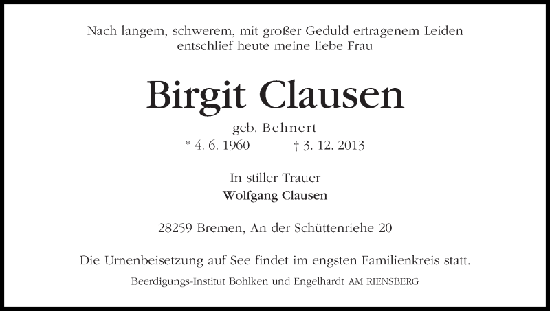 Traueranzeige von Birgit Clausen von WESER-KURIER