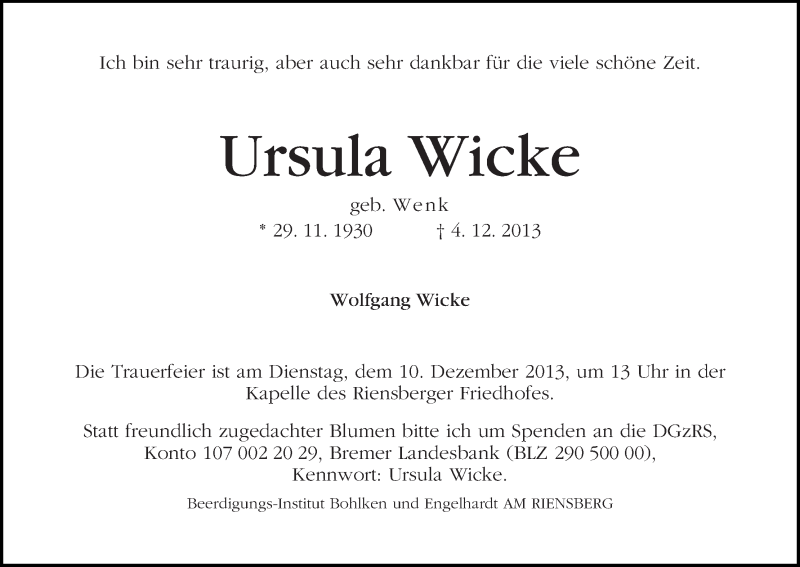 Traueranzeige von Ursula Wicke von WESER-KURIER