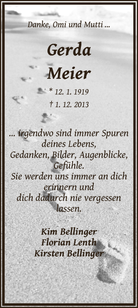 Traueranzeige von Gerda Meier von WESER-KURIER