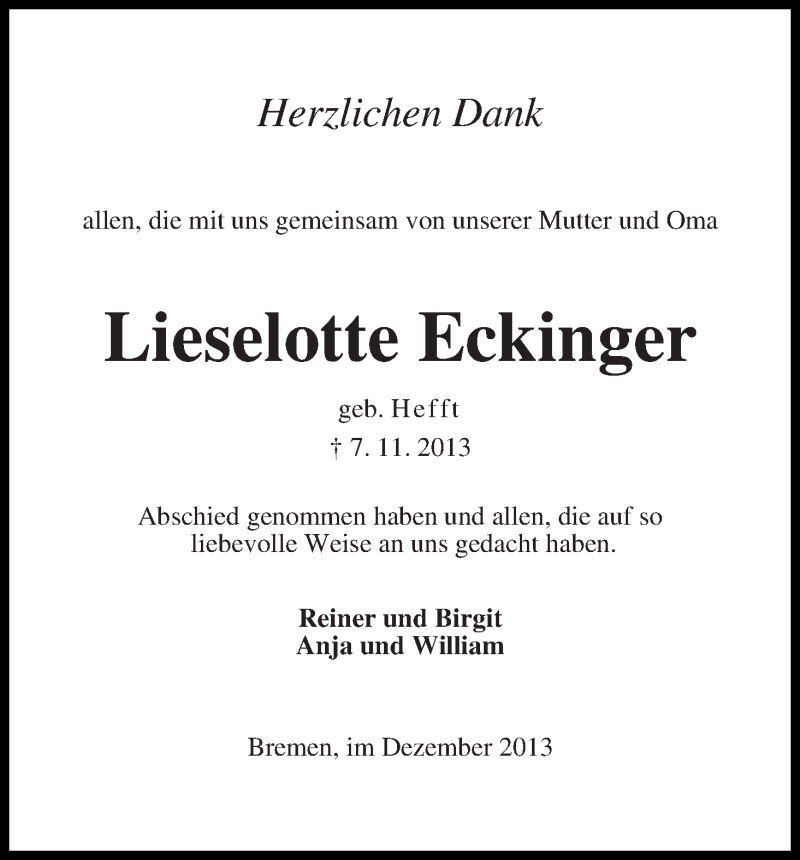Traueranzeige von Lieselotte Eckinger von WESER-KURIER