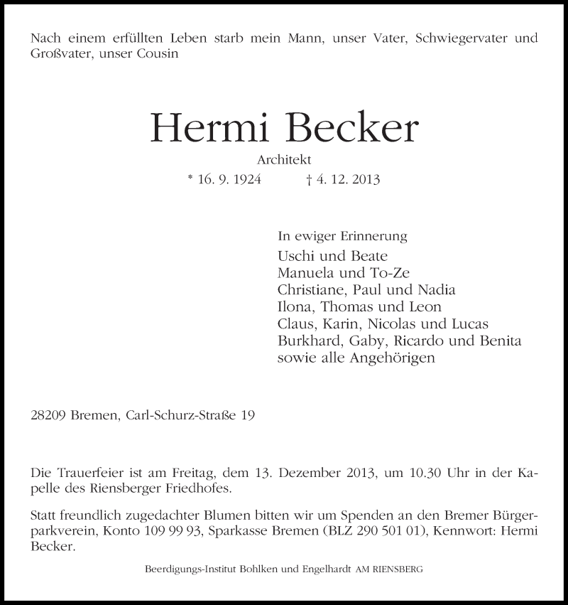 Traueranzeige von Hermann Becker von WESER-KURIER