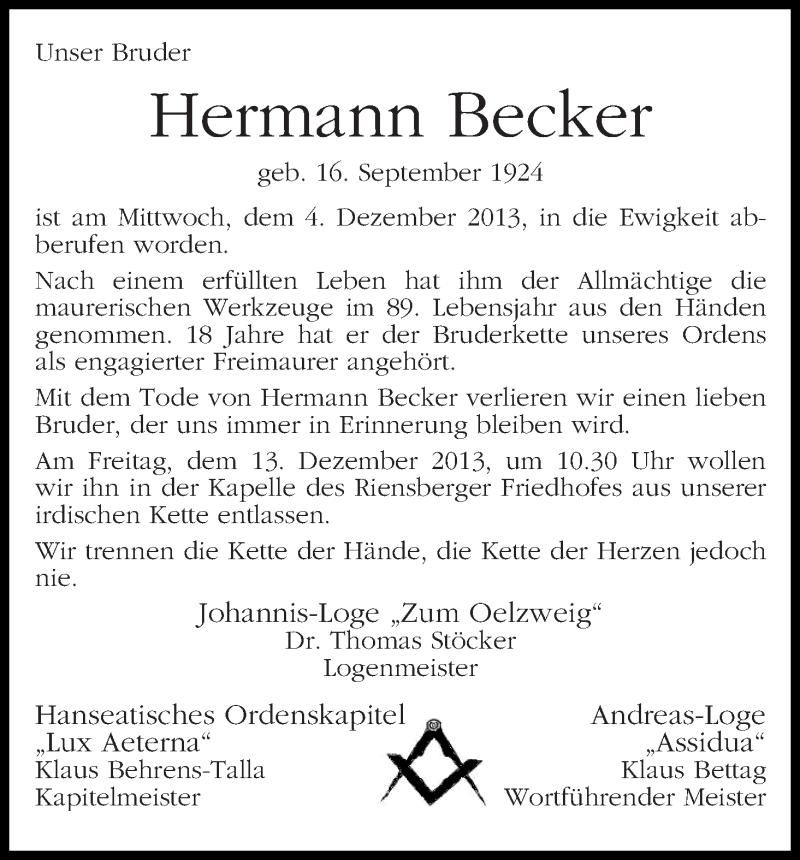 Traueranzeige von Hermann Becker von WESER-KURIER