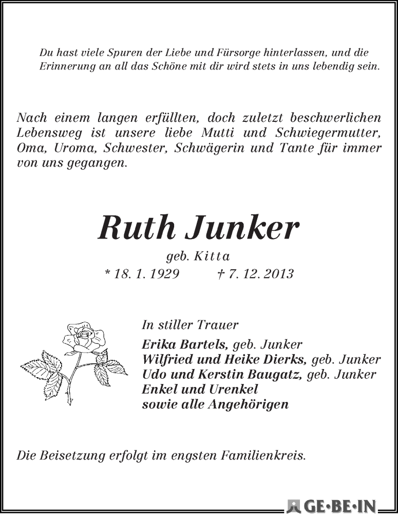Traueranzeige von Ruth Junker von WESER-KURIER