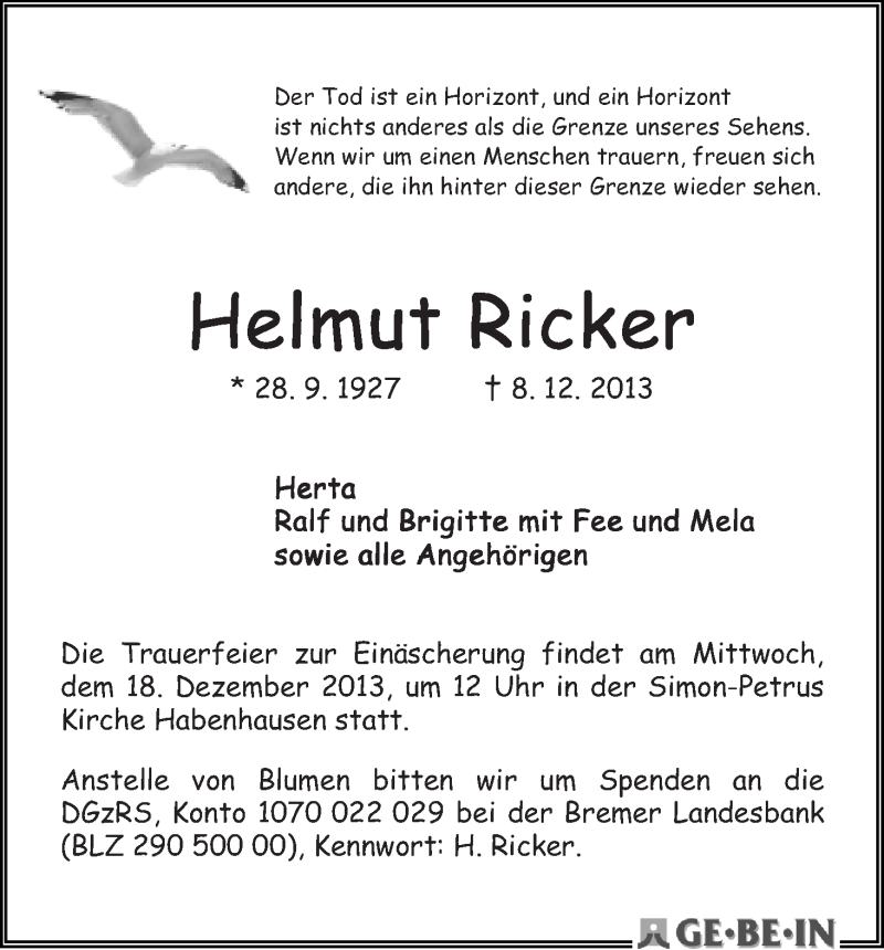 Traueranzeige von Helmut Ricker von WESER-KURIER