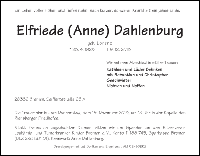 Traueranzeige von Elfriede Dahlenburg von WESER-KURIER