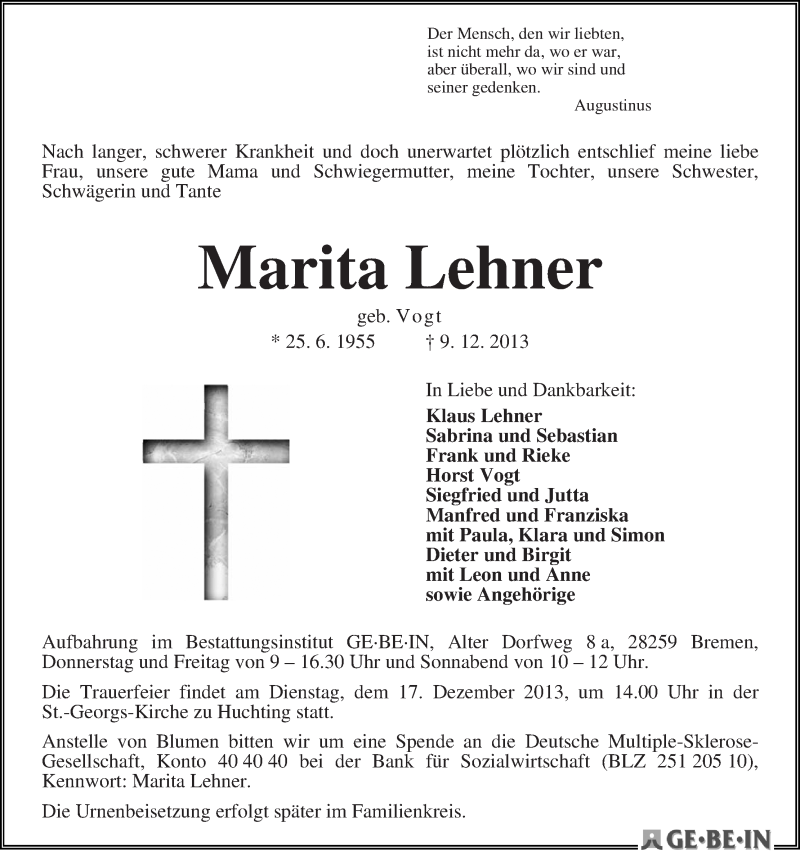 Traueranzeige von Marita Lehner von WESER-KURIER