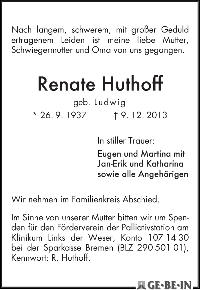 Traueranzeige von Renate Huthoff von WESER-KURIER