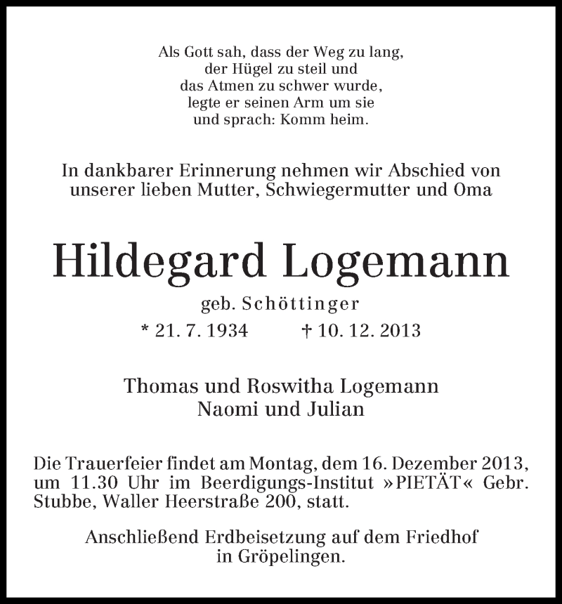 Traueranzeige von Hildegard Logemann von WESER-KURIER