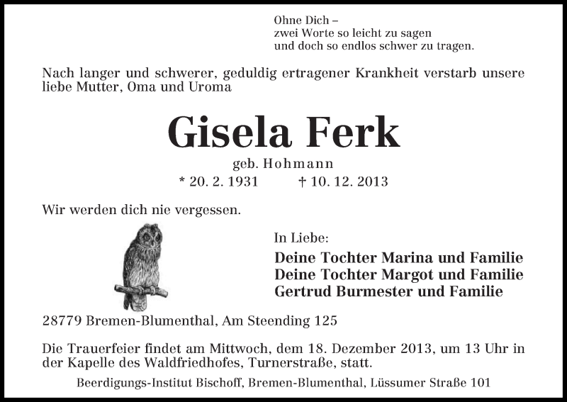Traueranzeige von Gisela Ferk von WESER-KURIER