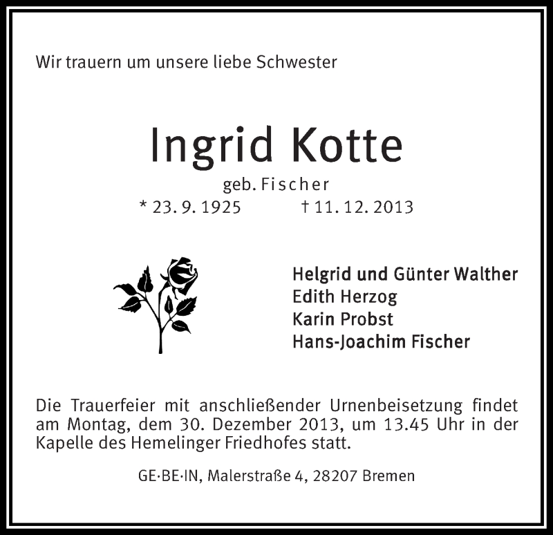 Traueranzeige von Ingrid Kotte von WESER-KURIER