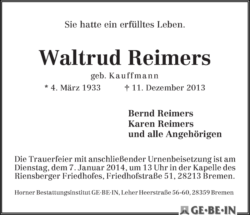 Traueranzeige von Waltrud Reimers von WESER-KURIER