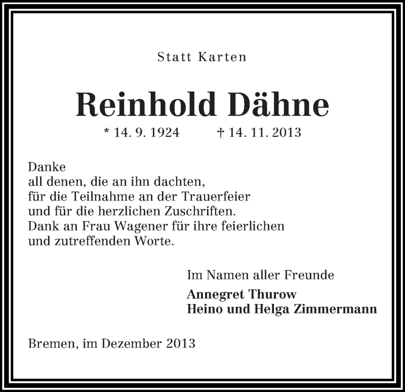 Traueranzeige von Reinhold Dähne von WESER-KURIER