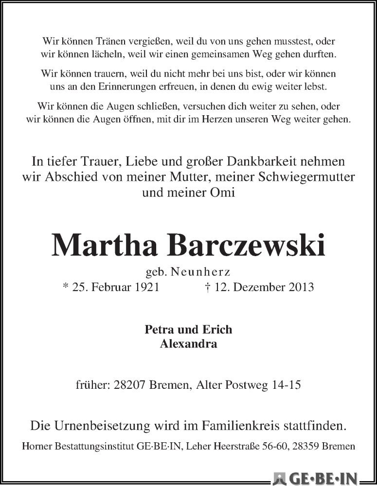 Traueranzeige von Martha Barczewski von WESER-KURIER