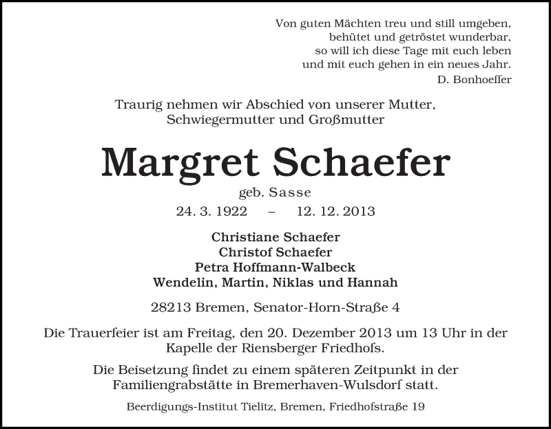 Traueranzeige von Margret Schaefer von WESER-KURIER