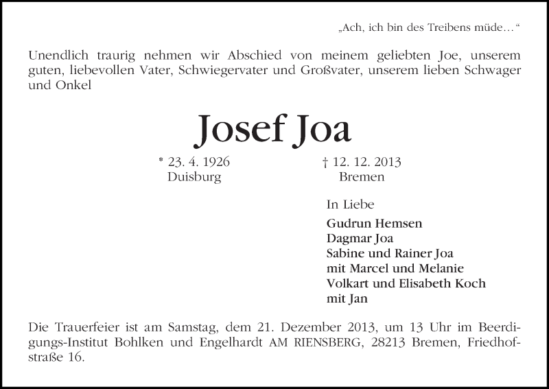 Traueranzeige von Josef Joa von WESER-KURIER