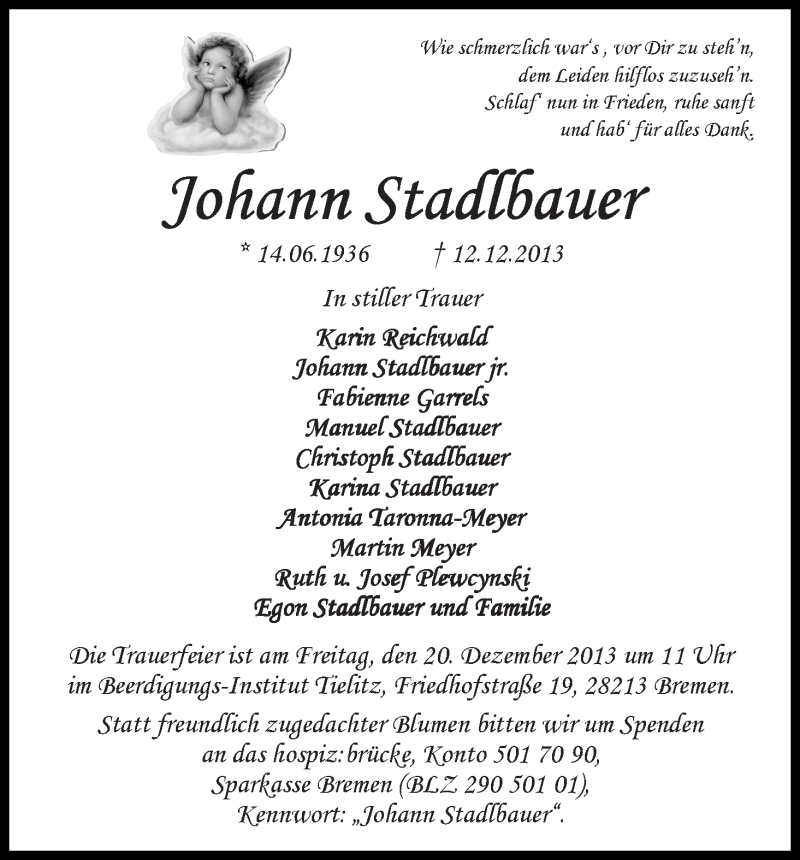 Traueranzeige von Johannes Stadlbauer von WESER-KURIER