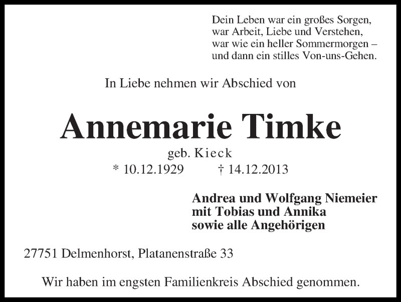 Traueranzeige von Annemarie Timke von WESER-KURIER