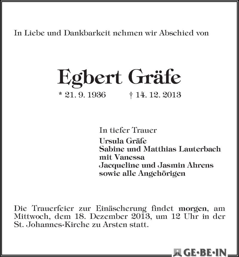 Traueranzeige von Egbert Gräfe von WESER-KURIER