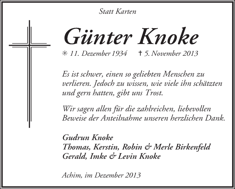 Traueranzeige von Günter Knoke von WESER-KURIER
