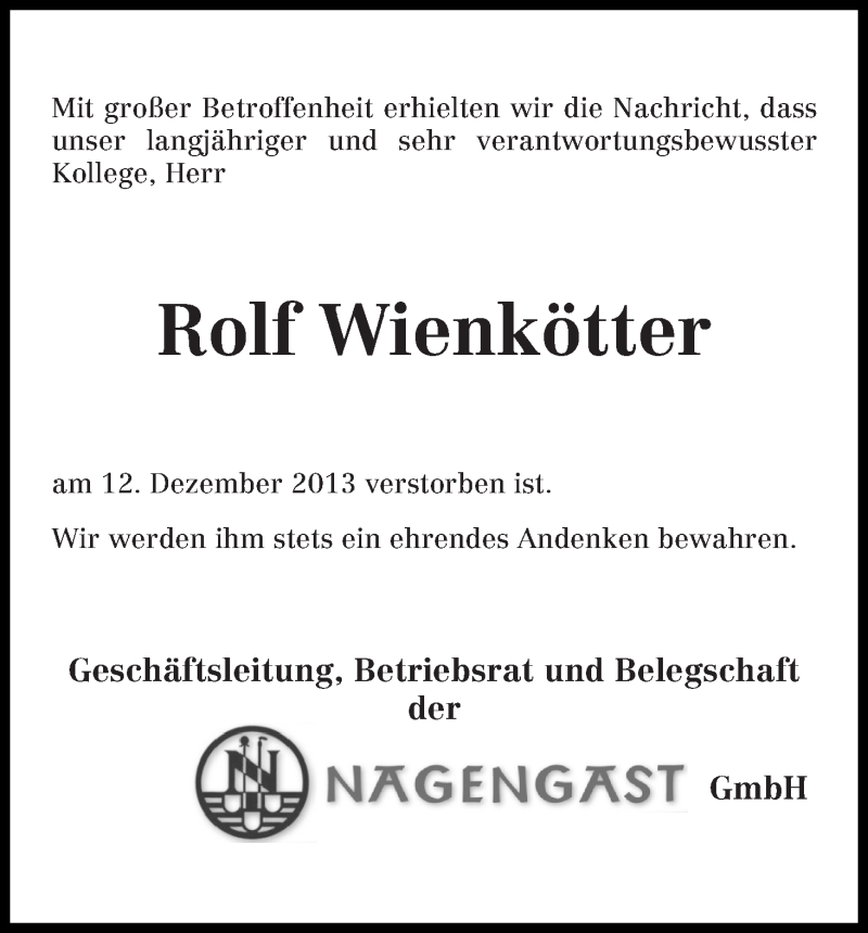 Traueranzeige von Rolf Wienkötter von WESER-KURIER