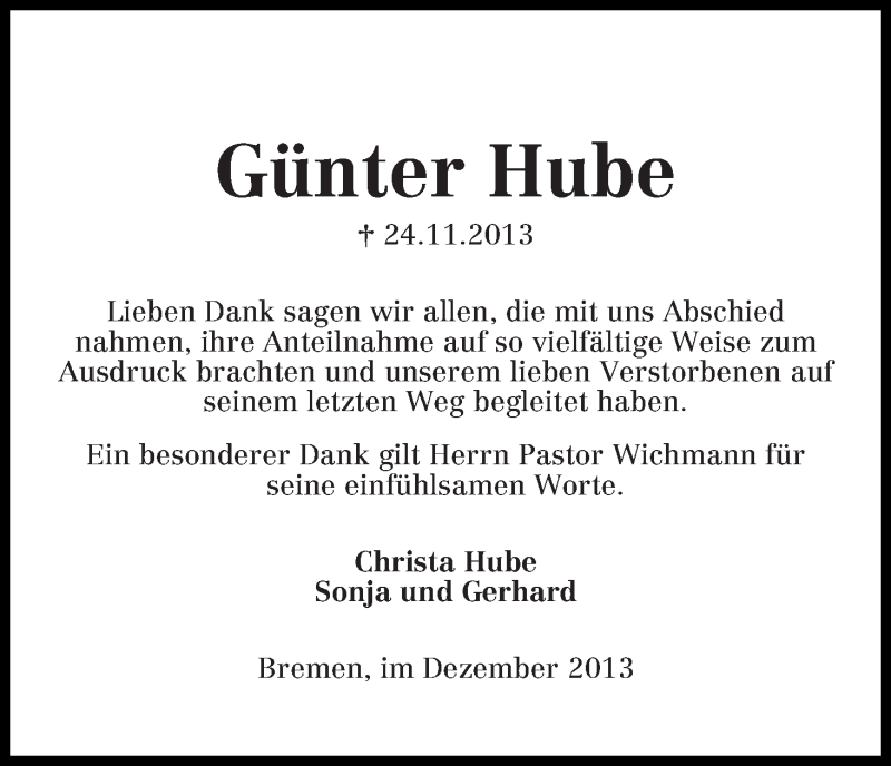 Traueranzeige von Günter Hube von WESER-KURIER