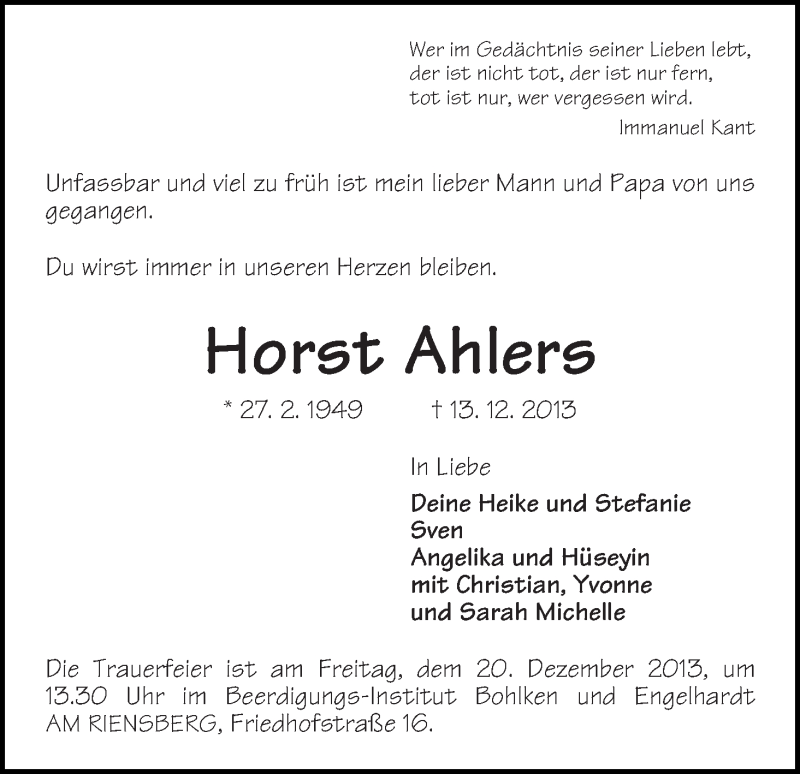 Traueranzeige von Horst Ahlers von WESER-KURIER
