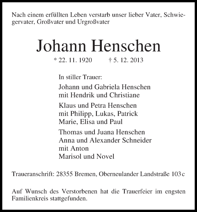 Traueranzeige von Johann Henschen von WESER-KURIER