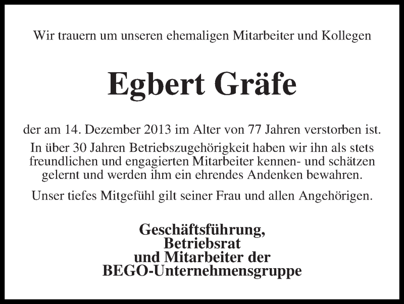 Traueranzeige von Egbert Gräfe von WESER-KURIER