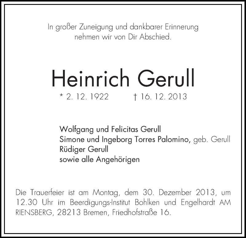 Traueranzeige von Heinrich Gerull von WESER-KURIER
