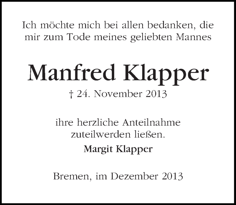 Traueranzeige von Manfred Klapper von WESER-KURIER