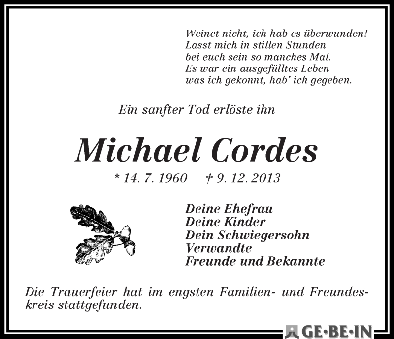 Traueranzeige von Michael Cordes von WESER-KURIER