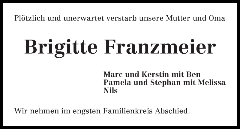 Traueranzeige von Brigitte Franzmeier von WESER-KURIER